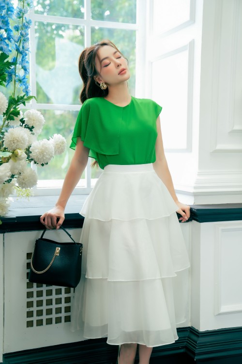 Sixdo White Layered Midi Skirt